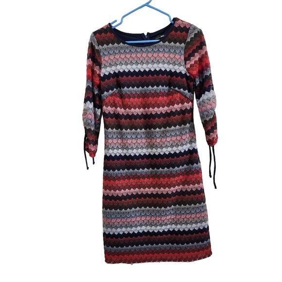 R&K Navy Multicolor Lace Striped U-Neck 3/4 Tie Sleeves A-Line Dress Mini Size 6 - Picture 1 of 9